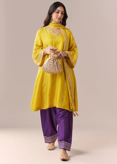Yellow Purple Embellished Kurta Set With Salwar And Dupatta