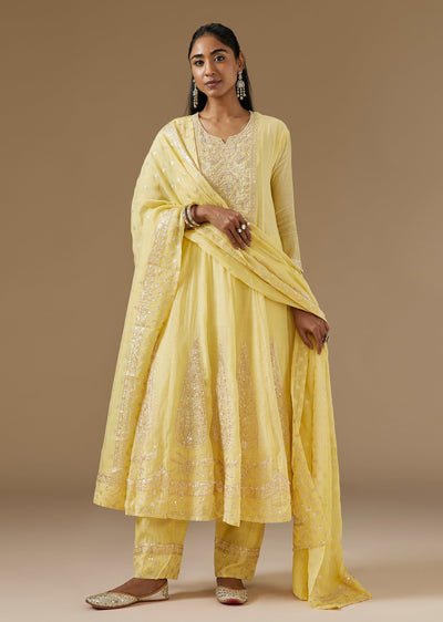 Yellow Russian Silk Anarkali Suit With Zardosi Moti And Sequin Embroidery