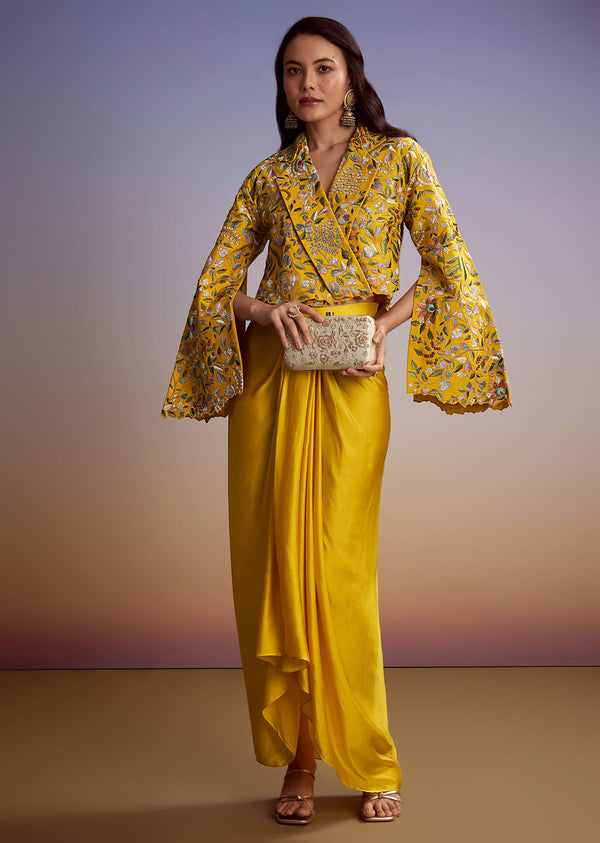 Yellow Silk Crop Top Skirt With Resham Work