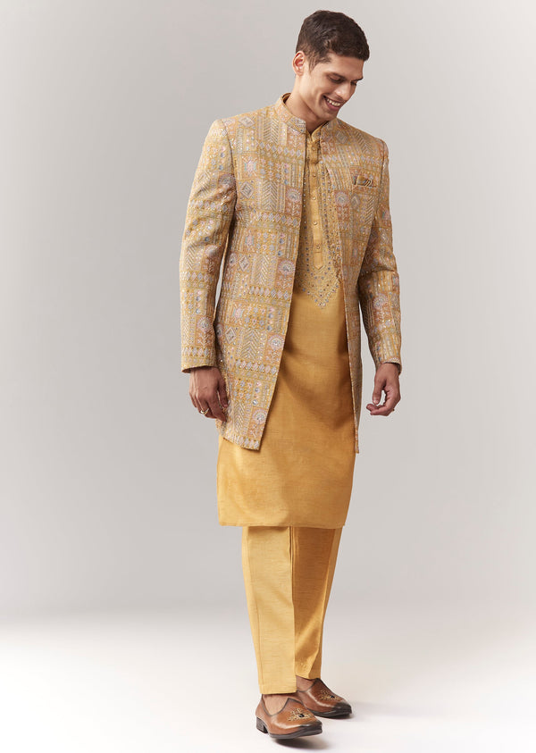 Yellow Silk Indo Western With Resham And Sequins