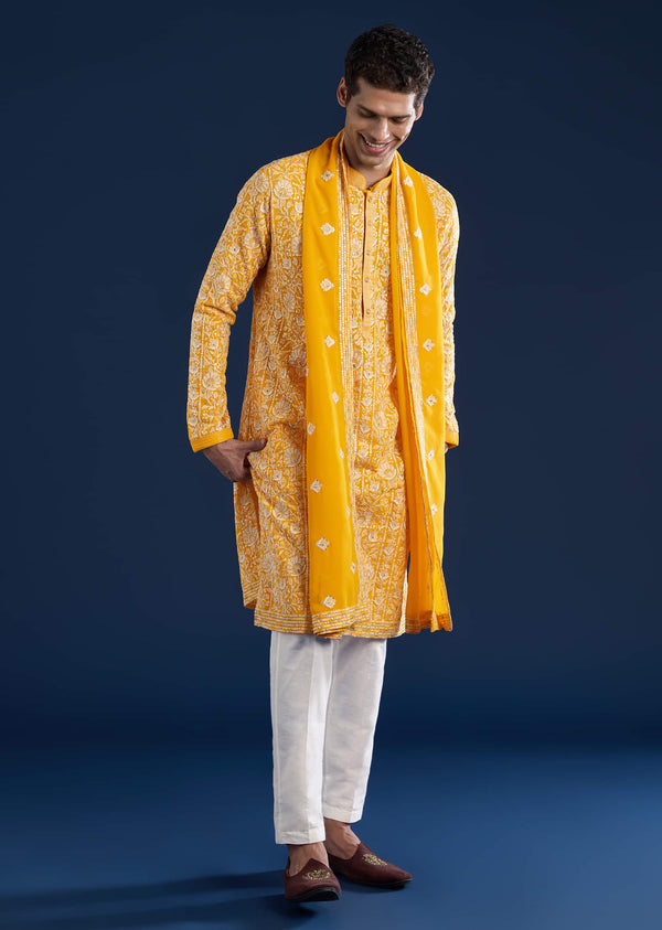 Yellow Heavy Embroidered Kurta Set With Dupatta