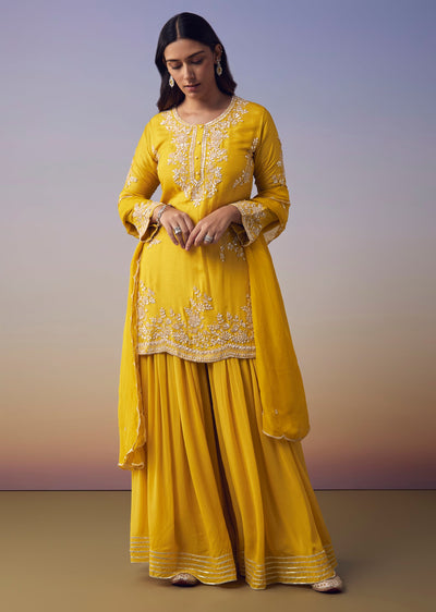 Yellow Silk Sequin Kurta and Palazzo Set