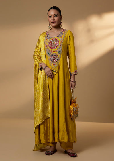 Yellow Silk Zardosi Anarkali Set With Bandhani Inspired Dupatta