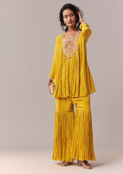 Yellow Thread & Moti Cape-Style Sharara Set
