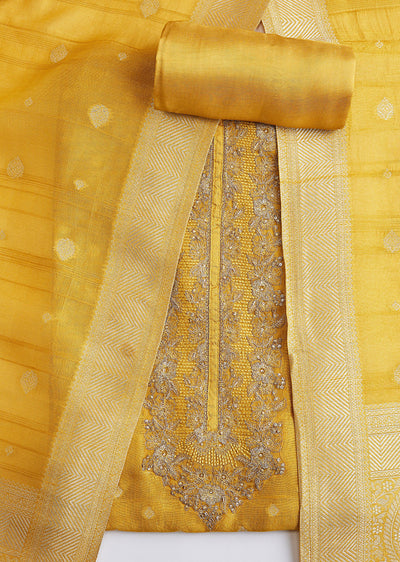 Yellow Tissue Brocade Dress Material Set