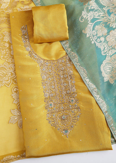Yellow Tissue Dress Material Set With Contrrasting Dupatta