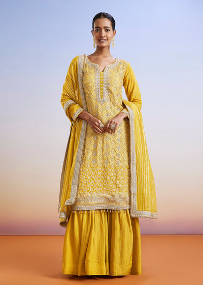 Yellow Zardosi Embroidered Sharara Suit With Dupatta