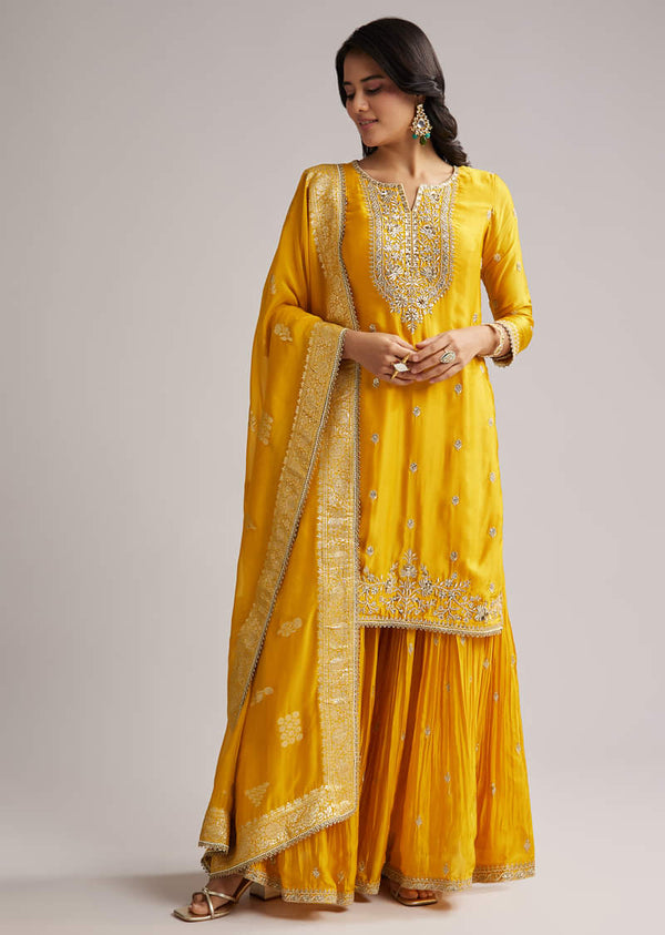 Yellow Zari Palazzo Suit Set With Dupatta