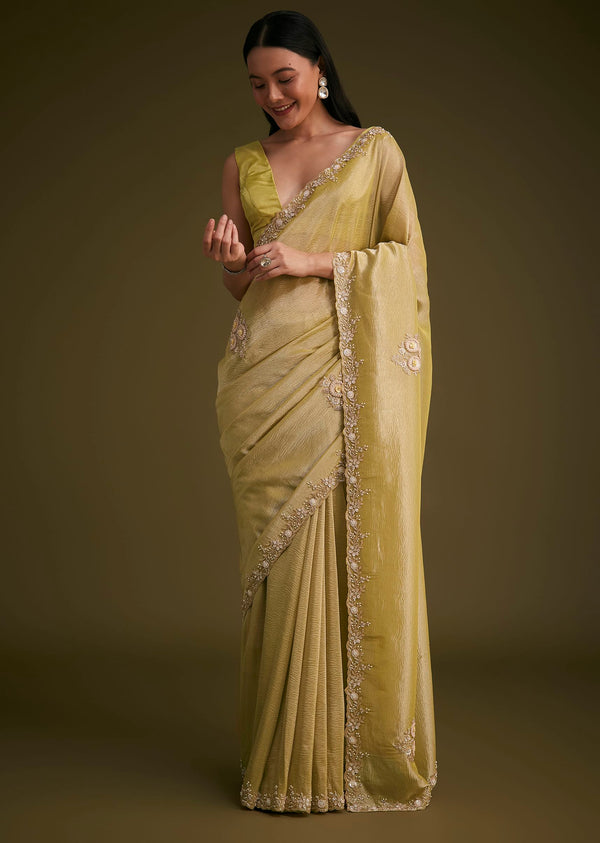 Yellow Tissue Saree With Floral Embroidery